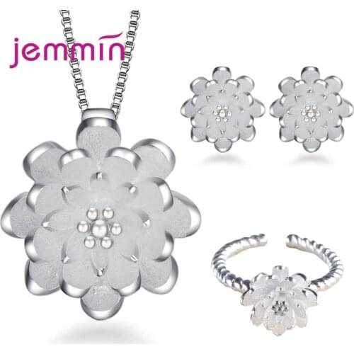 European Style Fashion Cute Lotus Flower Jewelry Sets Include 1 Earrings & 1 Necklaces & 1 Ring for Women As Party Jewelry Gift