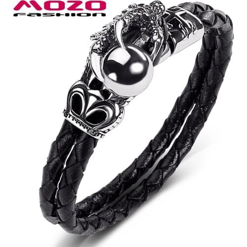 Male Jewelry Black Genuine Leather Bracelet Stainless Steel Dragon Claw Beads Punk Charm Women Bangle