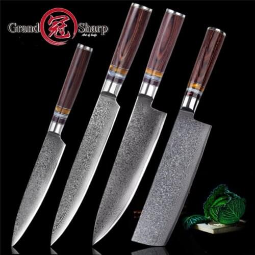 Grandsharp Kitchen Knife Set 4 Pcs Chef Slicing Nakiri Utility Paring Japanese Damascus vg10 Steel Kitchen Knives Best Gift