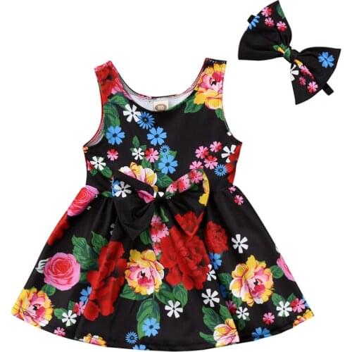 Toddler Kid Baby Girls Sister Matching Clothes Sleeveless Floral Print Party Prom Bowknot Dress +Headband 2pcs