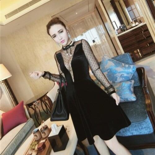 Mesh Patchwork Sexy Style Womens Clothing Perspective V-neck Party Dresses Velvet Low-cut Club Black Short Dress Woman New