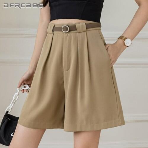 Khaki Loose Wide Leg Womens Shorts Summer 2021 High Waist Casual Suit Wear Short Trousers Feminino