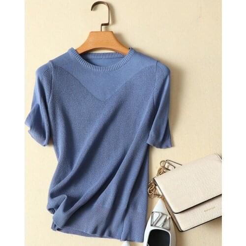 Knitted Solid Women T-Shirts Summer New 2021 Short-Sleeved Slim Elastic Office Lady Pulls Outwear Tops Tees