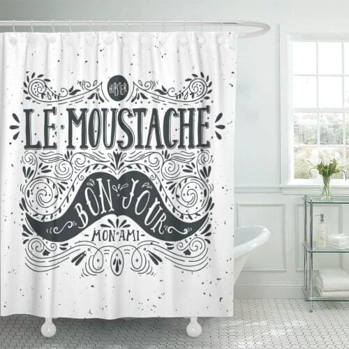 Vintage Label Moustache and Hand Lettering Bon Jour Good Shower Curtain Waterproof Fabric 60 x 72 Inches Set with Hooks