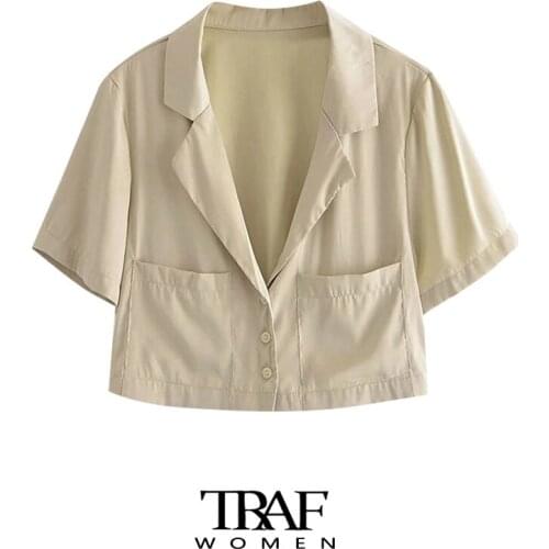 TRAF Za Women Fashion With Pockets Cropped Blouses Vintage Short Sleeve Button-up Female Shirts Chic Tops
