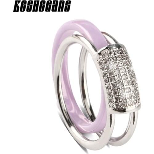 2018 Elegant 2pcs/Set Ring Set Light Purple Ceramic Ring And Shining Crystal Stainless Steel Women Geometric Dainty Ring Jewelry
