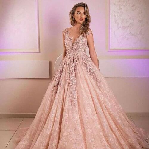 Best Selling Rose Pink O Neck Appliqued Beaded Cap Sleeve Floor Length Lace Prom Dresses Woman Summer Party Gown Saudi Arabia