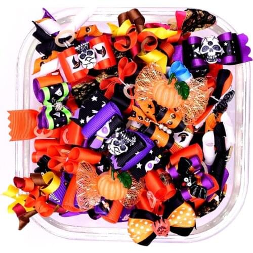 100 Pcs Pet Product Halloween Style Dog Cat Hair Bows Rubber Bands Mix Color Pet Dog Hair Bows Dog Accessories Pet Supplier