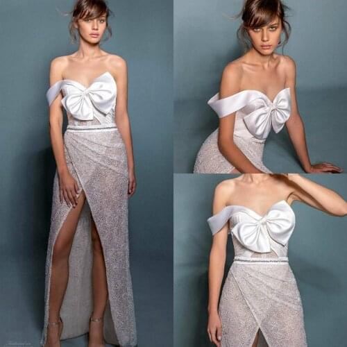 2020 Sexy High Split Wedding Dresses Glitter Lace Satin Off Shoulder Beach Wedding Dress Custom Made Floor Length Bridal Gowns