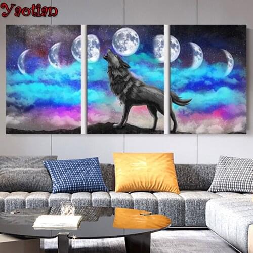3 Panels Diy Diamond Painting Wolf Moon Scenery 5D Mosaic Pattern Full Square Diamond Embroidery Rhinestones Home decor arts