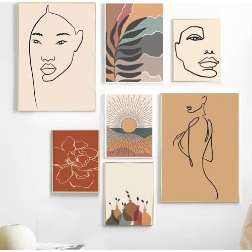 Abstract Line Girl Flower Leaves Sunset Wall Art Canvas Painting Nordic Posters And Prints Wall Pictures For Living Room Decor