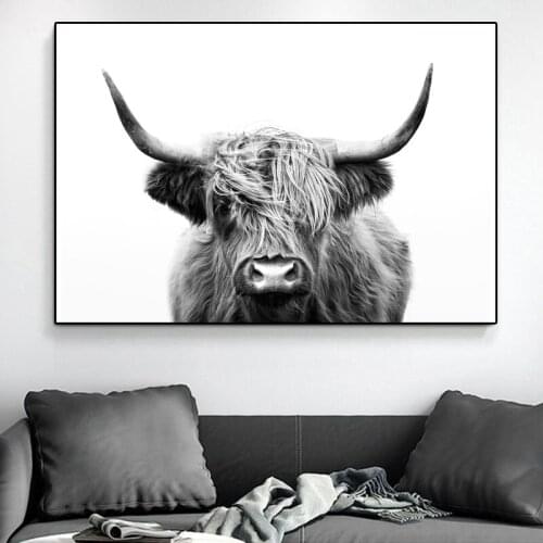 Kids Room Decor Nordic Decoration Nursery Girl Wall Art Black And White Highland Cow Art Canvas Print And Poster for Living Room