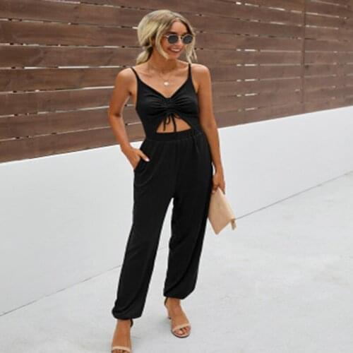 Womens Suspender Stitching Street Pleated Sexy Party Dress Solid Open Back Drawstring Pocket Womens Jumpsuit