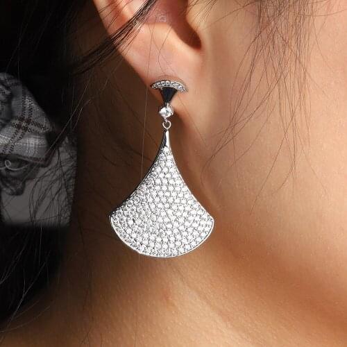 Geometric Fan-shaped Earrings Silver Color Top Luxury Cubic Zirconia Shiny Girl Wedding Jewelry Earings Fashion Jewelry 2020