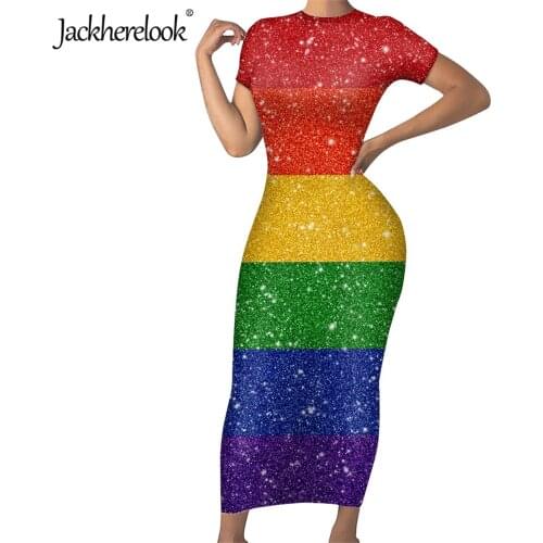 Jackherelook Brand Design Colorful Rainbow Pride Bodycon Party Dresses for Girls Summer Midi Slim Womens Pencil Dress Vestidos