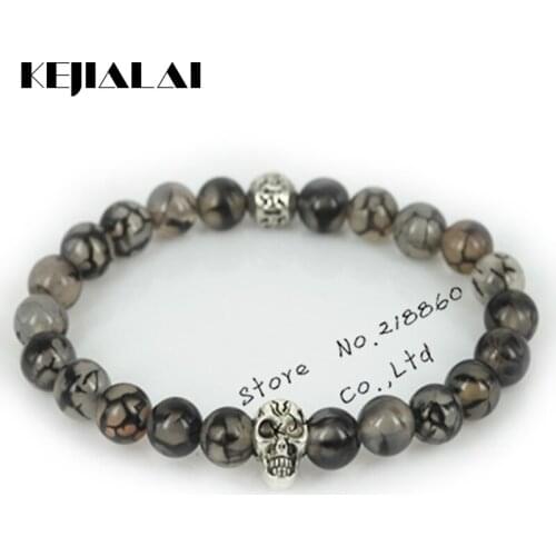 KEJIALAI 1pcs New Natural 8mm Grey Crack Stone Beads Charm Women Bracelet Fashion Charm Skull Head Mens Bracelet A0435