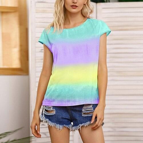 Summer Tie-Dyed Womens Shirt Short-Sleeved Round Neck T-Shirt Casual T-Shirt Fashion Top Green Purple M Size