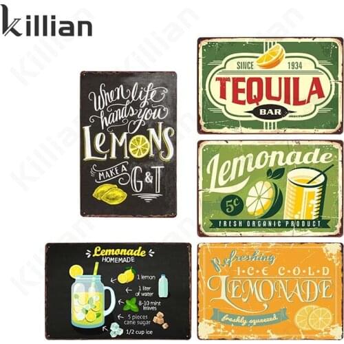Drink Lemon Metal Plaque Modern Metal Plate Painting Metal Drawing Sketch Metal Poster Green Tin Sign Bar Club Home Decoration