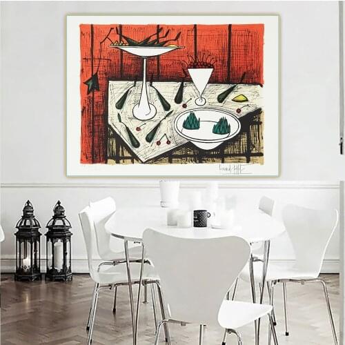 Bernard Buffet《Still Life With Red Background》Canvas Art Oil Painting Artwork Poster Picture Wall Hanging Decor Home Decoration