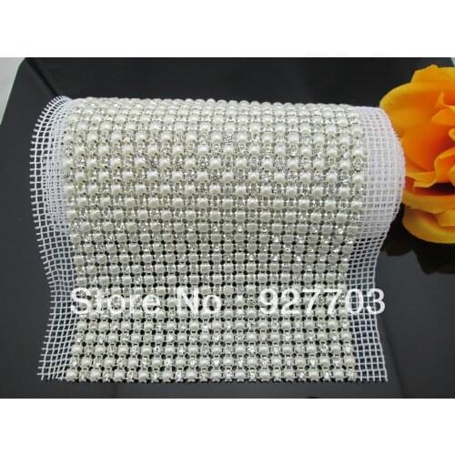 1 yard 24 Rows Clear Rhinestone Crystal Faux Pearl Mesh Trim Wedding Decoration