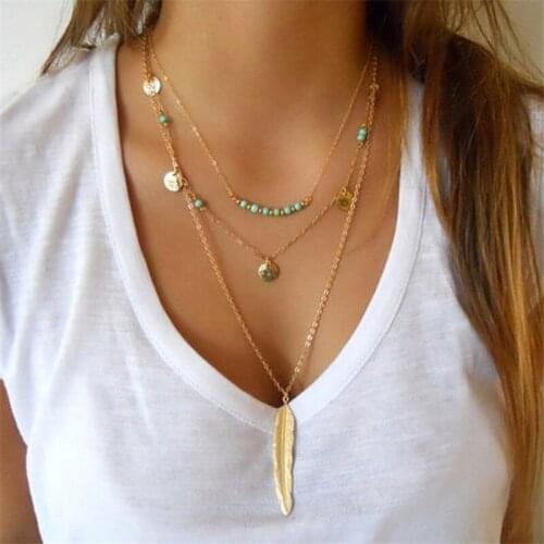 Choker necklace Gold Color Multilayer Coin Tassels Lariat Bar Necklaces Beads Choker Feather Pendants bijoux femme jewellery