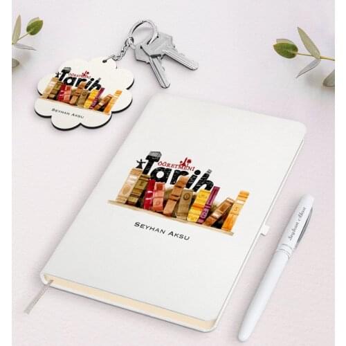 Personalized History Teacher White Notebook Pen and Keychain Gift Seti-2