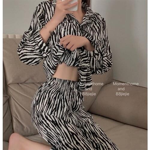 Zebra Pattern Pajamas for Women Cotton Womens Clothing Spring Summer 2021 Sleepwear Set Long-Sleeved Pants Two Piece Set Women