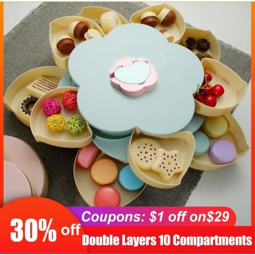 Plastic Lazy Fruit Dish Double Layers Snack Box Candy Plates Petal-shape Rotating Trays Box Dried Fruit Storage Organizer Box
