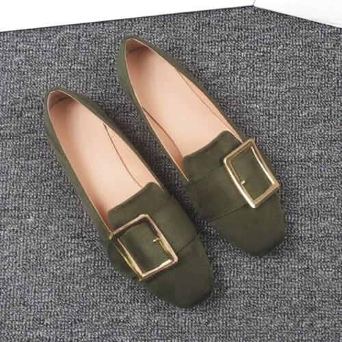 Retro square toe casual grandma shoes comfort pregnant shoes metal square buckle big size flats woman suede moccasins loafers