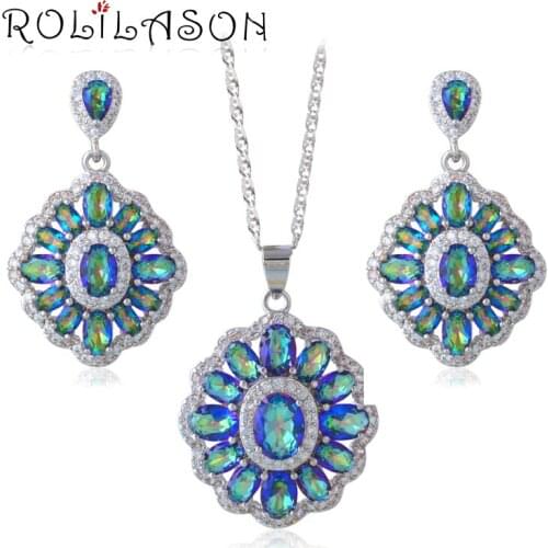 ROLILASN gifts Rainbow Mystic Zirconia Stamped crystsal Necklace Earrings Jewelry Sets JS662