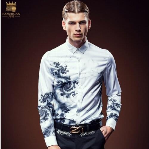 Free Shipping New fashion 2016 personality male Mens high-end long sleeved printing ink flower shirt slim 612129 instock blouse