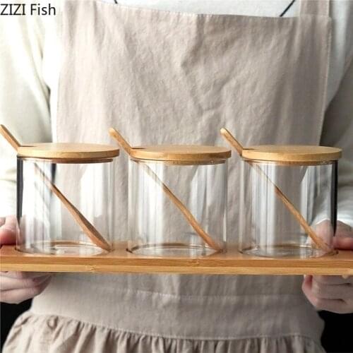 Glass Spice Jar with Wooden Tray Salt and Pepper Spice Jar Transparent Storage Tool Home Kitchen Spice Condiment Organizer