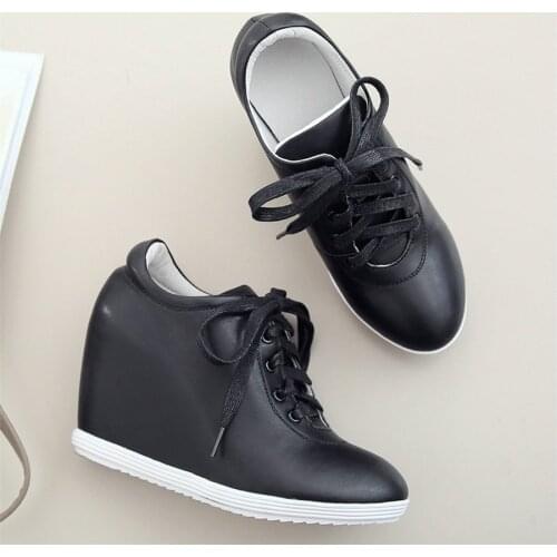Platform Oxfords Shoes Women Genuine Leather Wedges High Heel Motorcycle Boots Female Round Toe Fashion Sneakers Casual Shoes