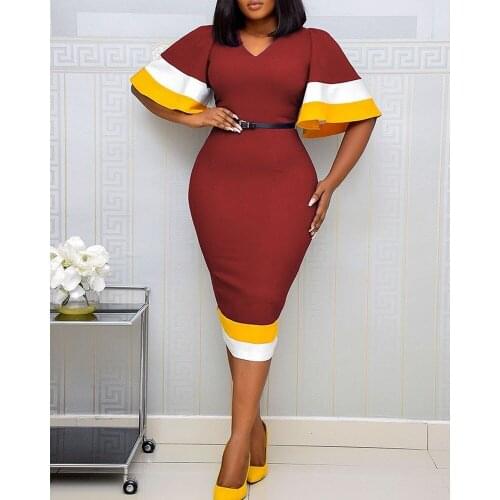 African Flared Sleeve Dress Woman Outfits Color Matching V-Neck Professional Skirt Fashion New Summer Womens Dress 2021 Vestidos