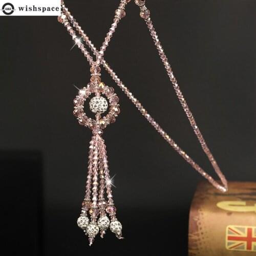 Wishspace Korean popular glass crystal autumn winter sweater chain fashion Round Pendant Long Necklace Gift Jewelry