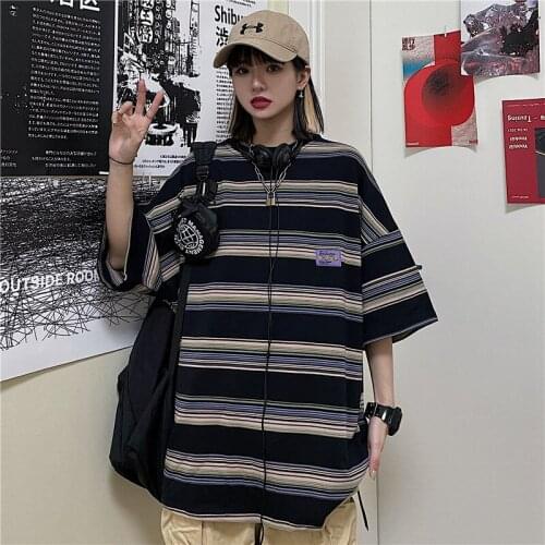 Korean High Street Rainbow Stripe Short-Sleeved t-Shirt Women Cotton Top Gothic 90s Tee Grunge Clothes Japanese Streetwear Y2K