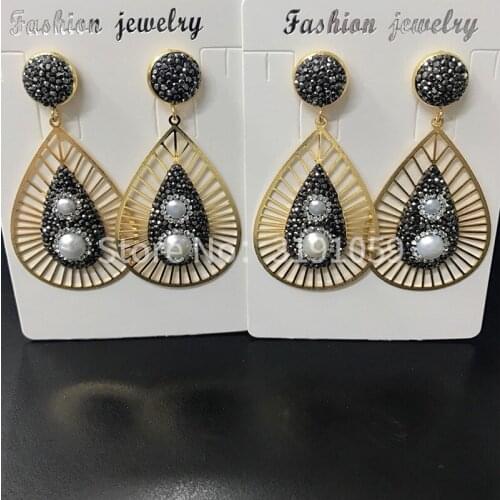 Personality Natural pearl earrings Hollow out Crystal Pearl Waterdrop Big Dangle Earrings 24K Gold Plated For woman