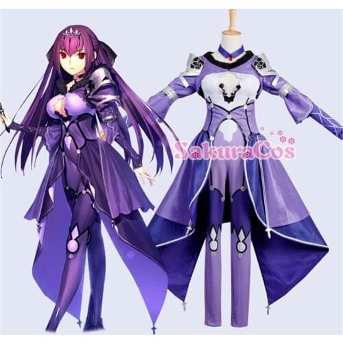 Anime Fate Grand Order Scathach Battle Suit Cosplay Costume Women Halloween Carnival Purplr Party Dress H