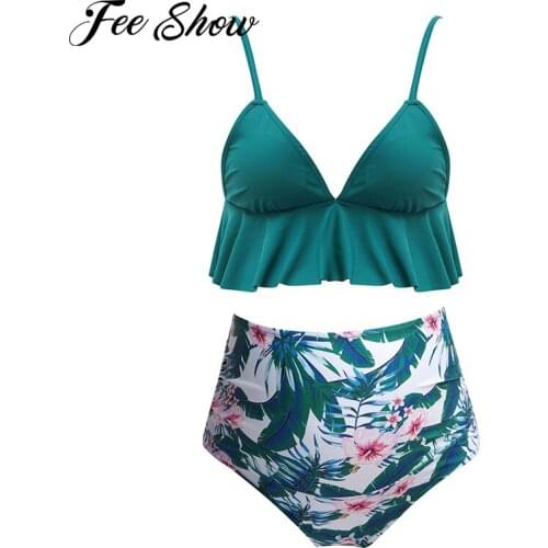 Women Two Pieces Pregnant Swimsuit Maternity Sleeveless Adjustable Shoulder Straps Top with Floral Print High Waist Bottoms Set