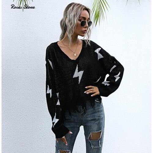 Womens Ripped Sweaters V Neck Fall Thin Knit Jumpers 2020 Casual Loose Short Pullovers Black Tops Disdressed Clothing Fashion