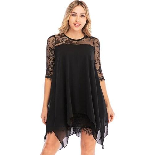 Women Fashion Plus Size S-5XL Semi Sheer Lace Solid Party Dress Half Sleeves Chiffon Sheath Mini Night Dress For Ladies Vestidos