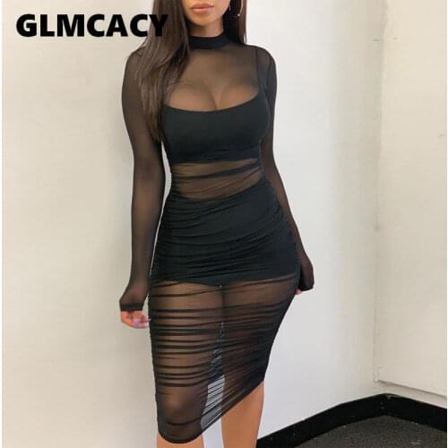 Women Solid Mesh See Through Design Ruched Lining Dress Stretch Sexy & Club Black Night Out Bodycon Dress