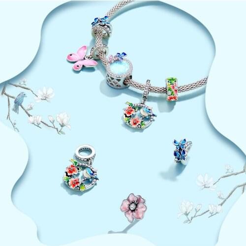 100% sterling silver 925 women fine jewelry accessories butterfly charm flower pendant fit bracelet enamel beads DIY making gift