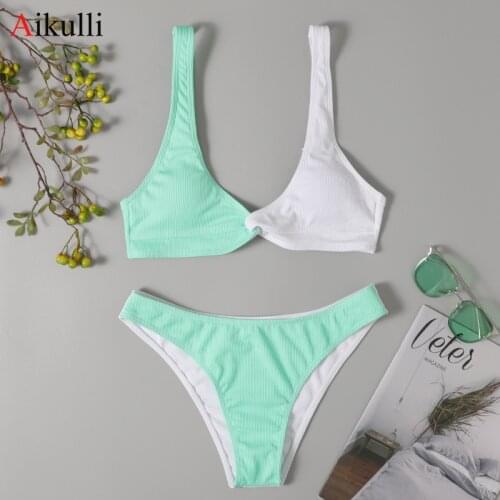 2021 New Solid Stitching Bikinis Swimsuit Wome Sexy Bandage knotted Bikini set Push Up Swimwear Summer Beach Wear Bathing Suits