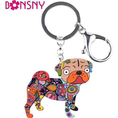 Bonsny Acrylic Dog Jewelry Terrier Pug Dog Key Chain Key Ring Pom Gift For Women Girl Bag Charm Keychain Pendant Jewelry