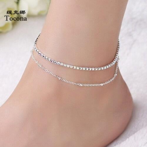 Tocona Luxury Squre Crystal Stone Foot Chain for Women Silver Color Beaded Adjustable Anklets Summer Jewelry Accessories w-62