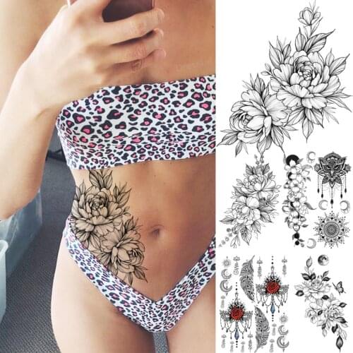 Black Peony Sexy Waist Temporary Tattoos For Men Adult Floral Pendant Feather Fake Tattoo Body Art Water Transfer Tatoos Decal
