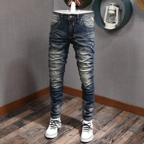 Italian Vintage Fashion Men Jeans Retro Blue Elastic Cotton Slim Fit Ripped Jeans Men Distressed Designer Casual Denim Pants