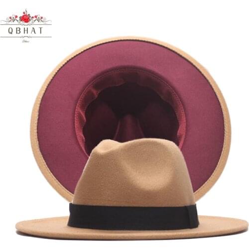 QBHAT 2021 England Style Men Patchwork Felt Jazz Fedoras Women Church and Party Hats Big Wide Brim Ladies Couple Fedora Hats