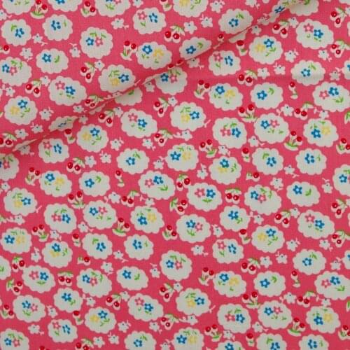Printed Cotton Poplin Fabric, Flowers and cherries on pink,clothing,bedding,hadmaking, 100cmx140cm